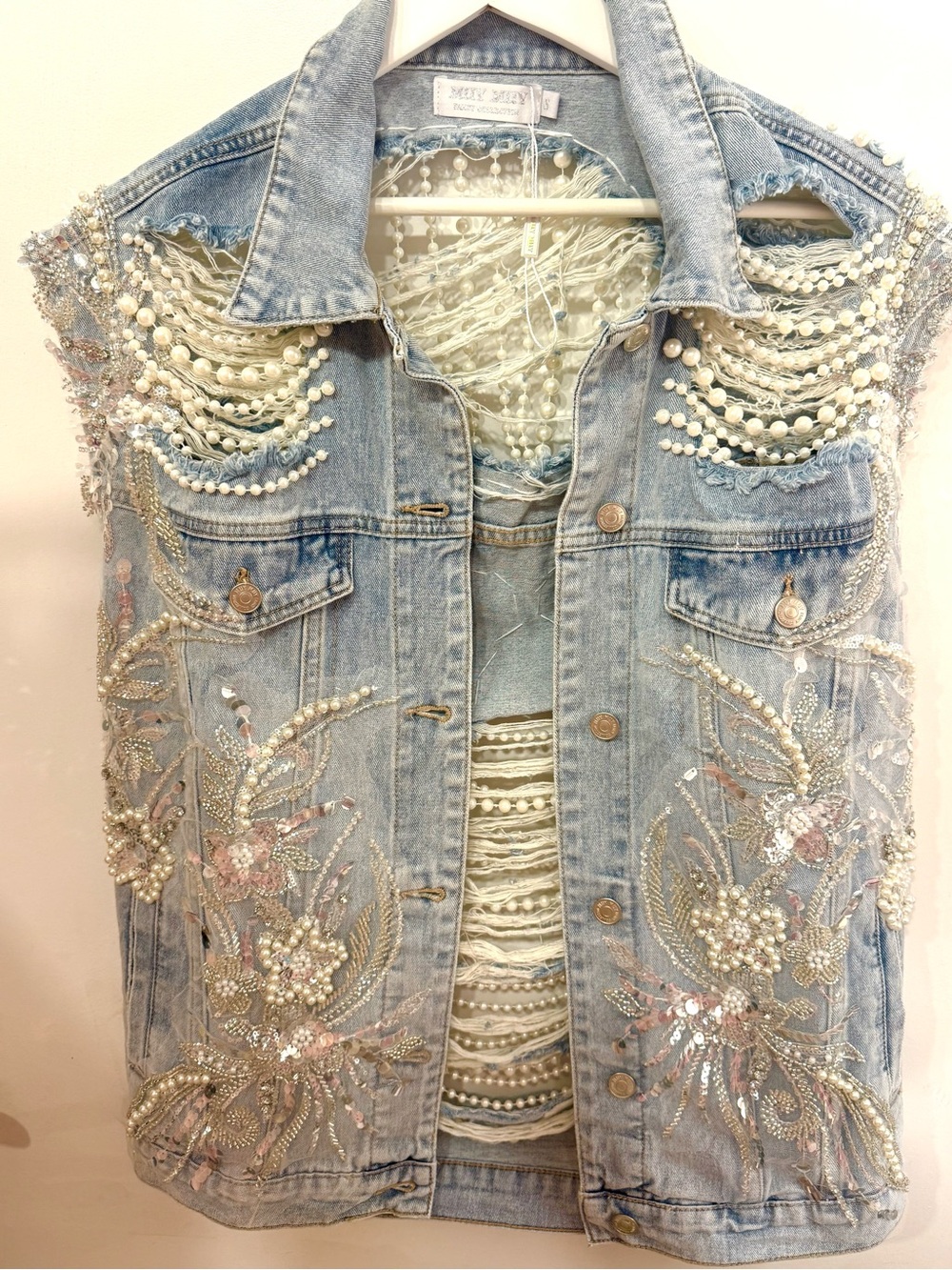 MADONA Embellished Light Wash Denim Vest with Pearls & Beading